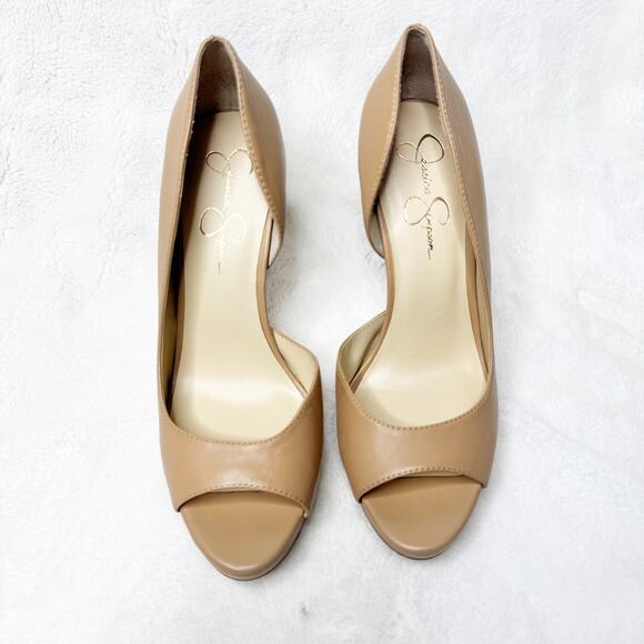 JESSICA SIMPSON Neutral Tan Leather Peep Toe Pumps High Heel Stiletto Shoes 9M - Picture 3 of 9